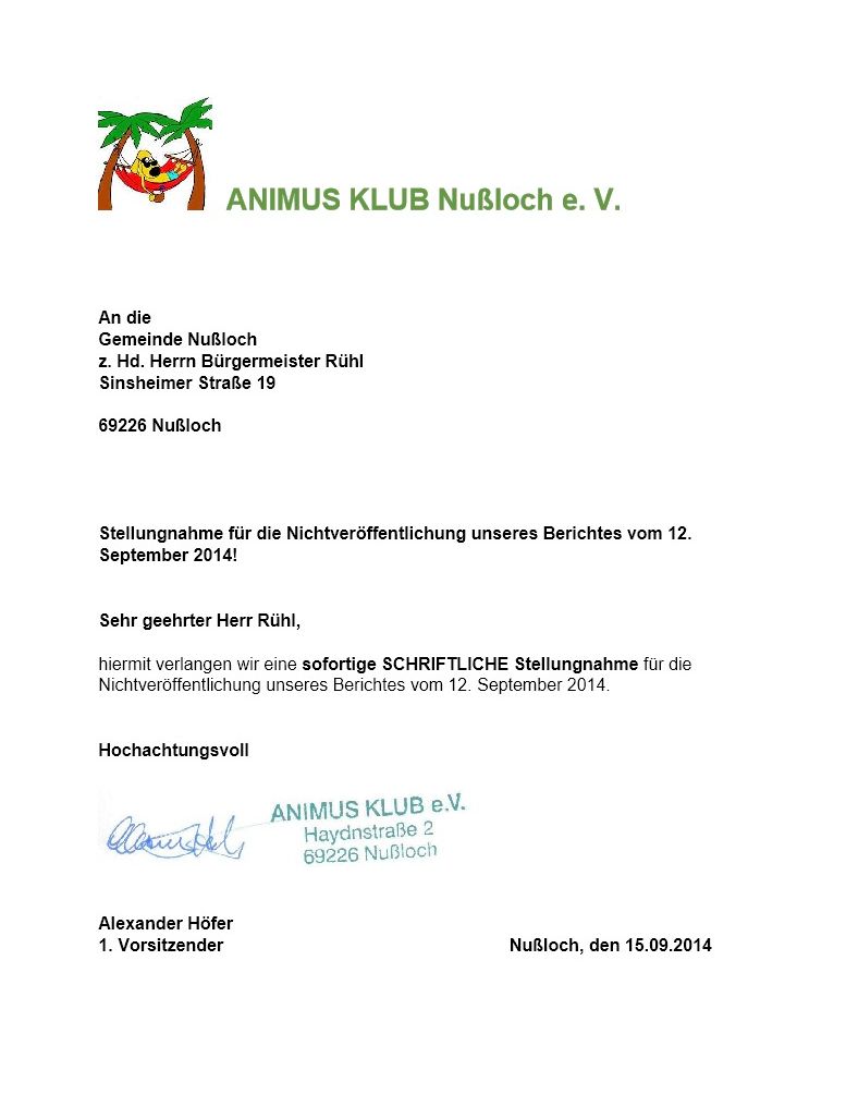 51 Offener Brief An Bürgermeister Rühl Animus Klub Ev